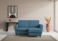 Divano 152x85cm design a due posti piccolo con pouf e stoffa idrorepellente blu avio DI37