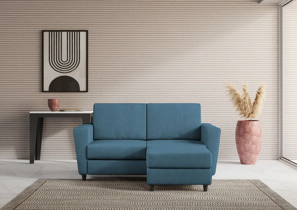 Divano 152x85cm design a due posti piccolo con pouf e stoffa idrorepellente blu avio DI37