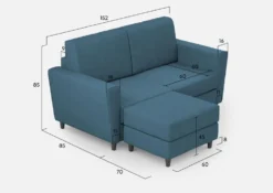Divano 152x85cm design a due posti piccolo con pouf e stoffa idrorepellente blu avio DI37