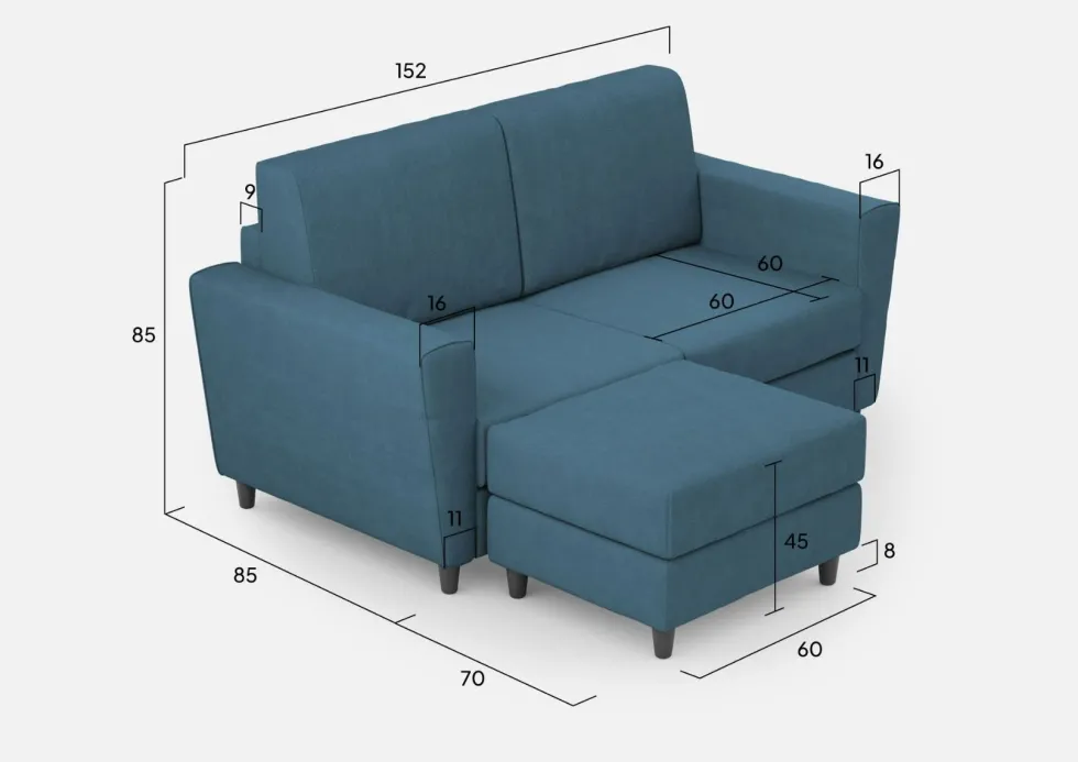 Divano 152x85cm design a due posti piccolo con pouf e stoffa idrorepellente blu avio DI37