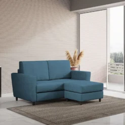 Divano 152x85cm design a due posti piccolo con pouf e stoffa idrorepellente blu avio DI37