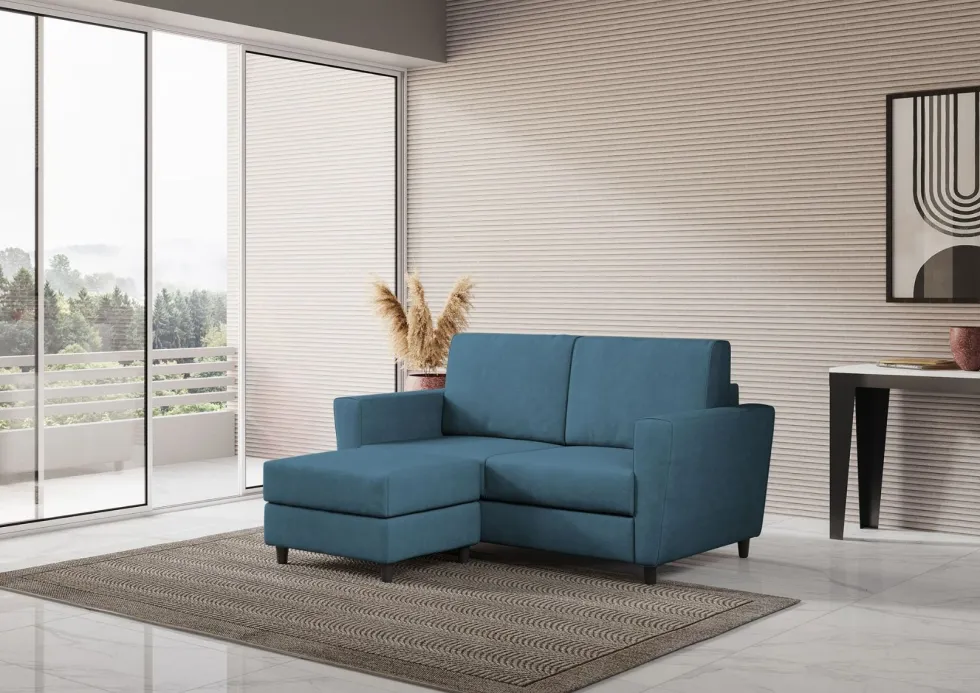Divano 152x85cm design a due posti piccolo con pouf e stoffa idrorepellente blu avio DI37