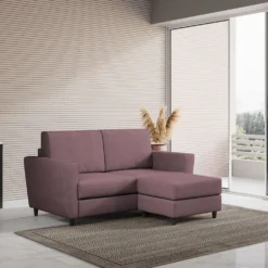 Divano 152x85cm design a due posti piccolo con pouf e stoffa idrorepellente prugna DI37