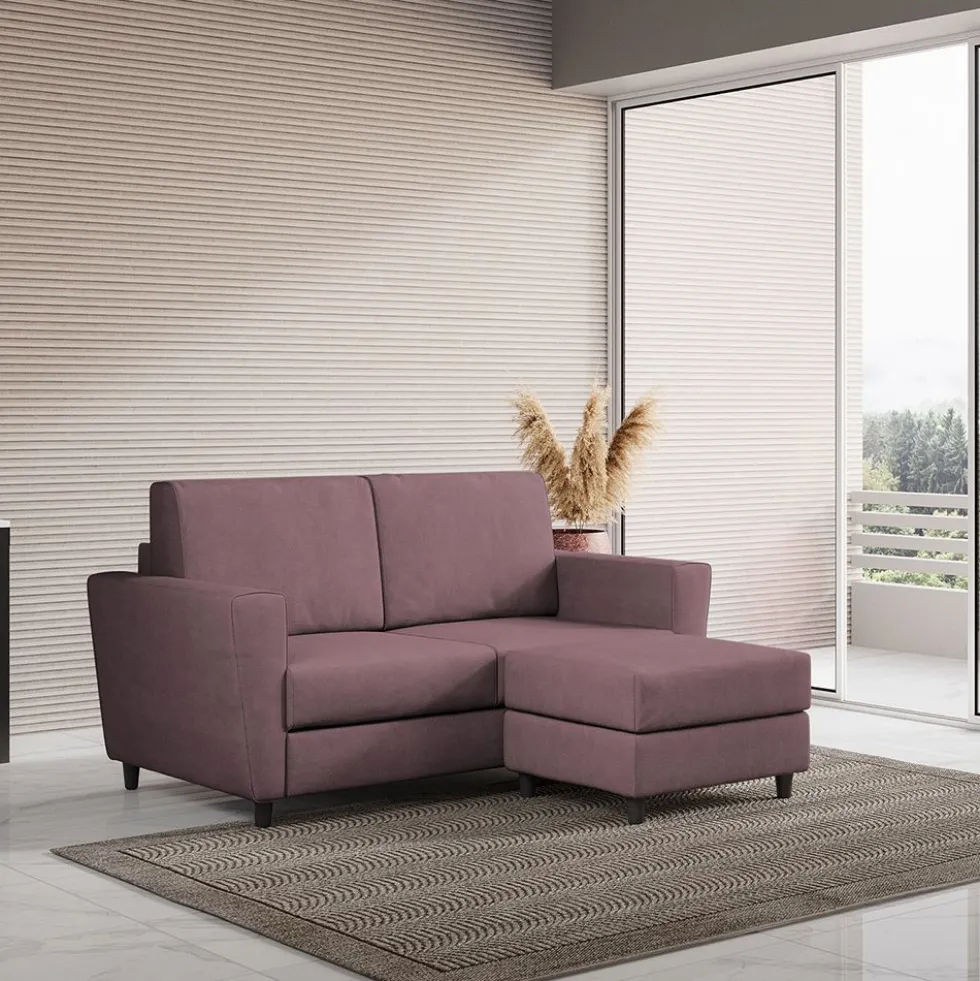 Divano 152x85cm design a due posti piccolo con pouf e stoffa idrorepellente prugna DI37