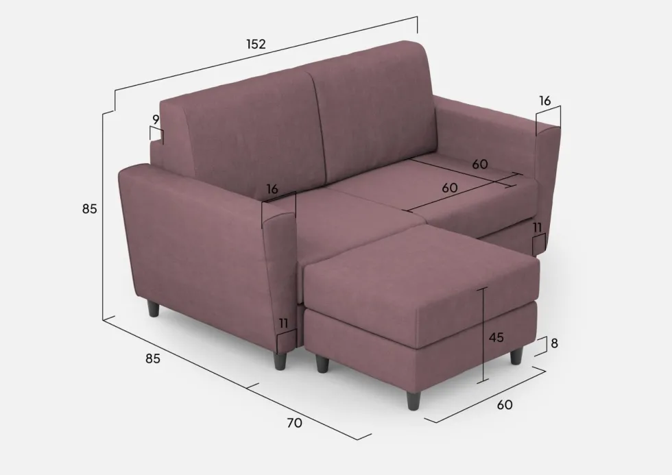 Divano 152x85cm design a due posti piccolo con pouf e stoffa idrorepellente prugna DI37