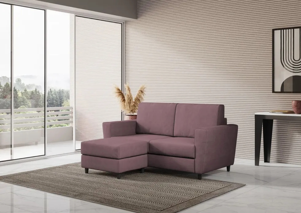 Divano 152x85cm design a due posti piccolo con pouf e stoffa idrorepellente prugna DI37