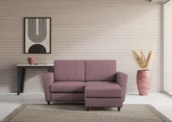 Divano 152x85cm design a due posti piccolo con pouf e stoffa idrorepellente prugna DI37