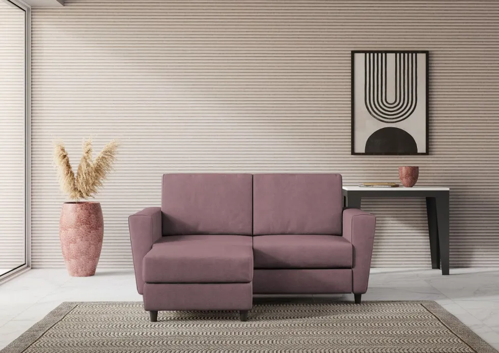 Divano 152x85cm design a due posti piccolo con pouf e stoffa idrorepellente prugna DI37