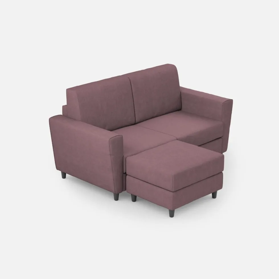 Divano 152x85cm design a due posti piccolo con pouf e stoffa idrorepellente prugna DI37