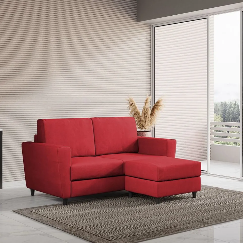 Divano 152x85cm design a due posti piccolo con pouf e stoffa idrorepellente rosso DI37