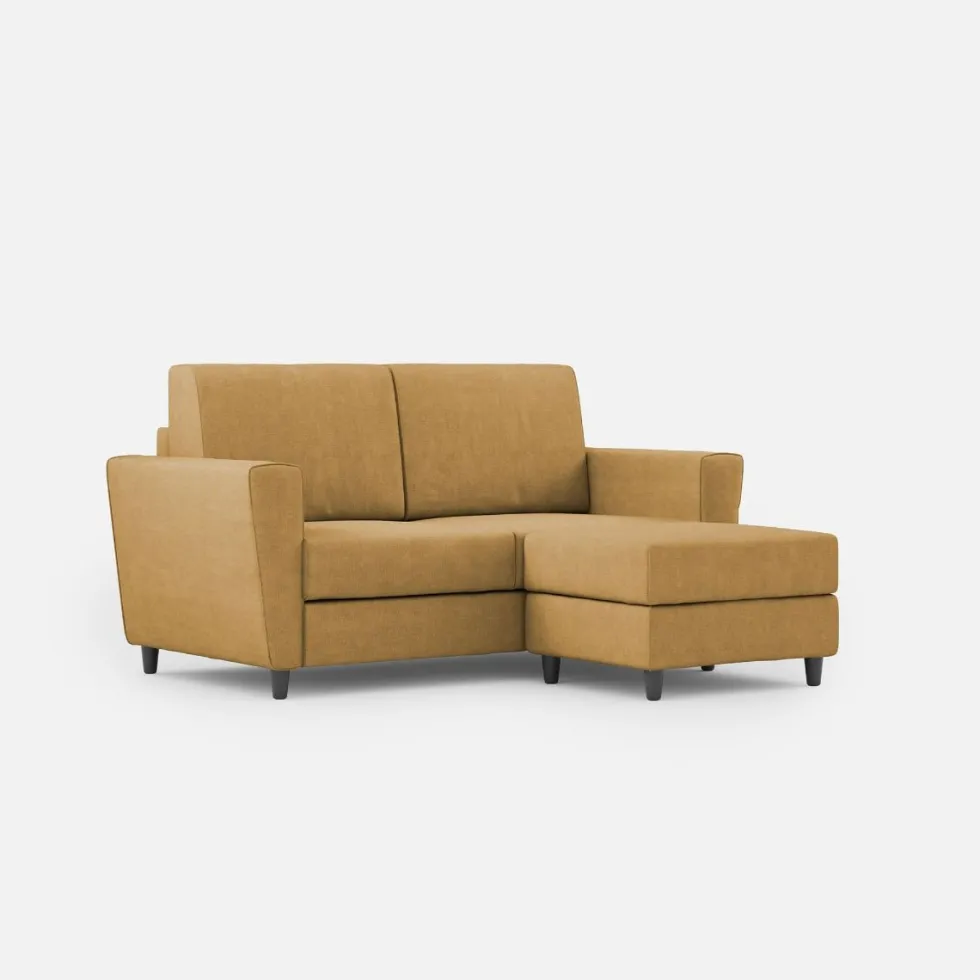 Divano 152x85cm design a due posti piccolo con pouf e stoffa idrorepellente ocra DI37