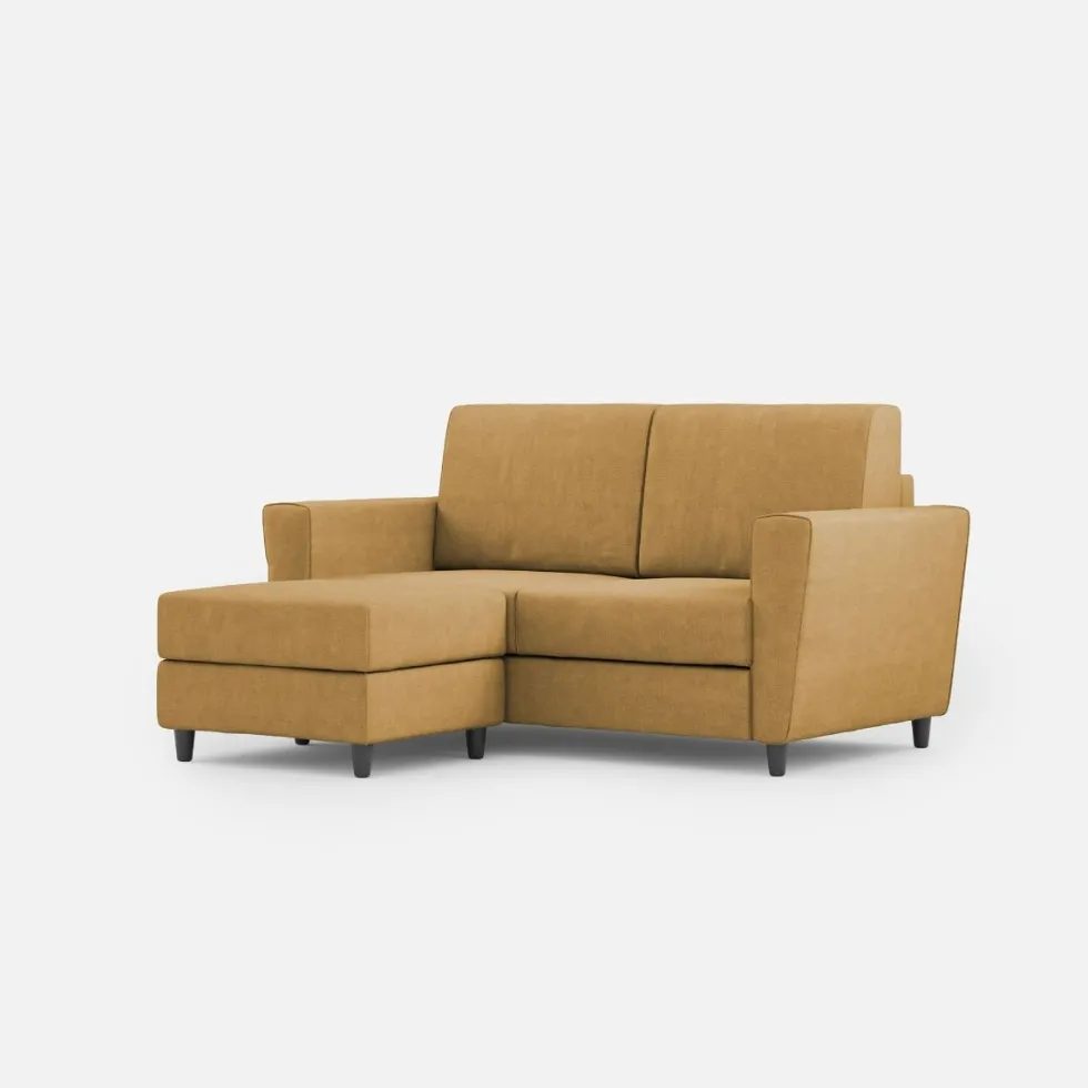 Divano 152x85cm design a due posti piccolo con pouf e stoffa idrorepellente ocra DI37