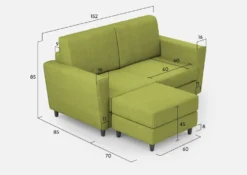 Divano 152x85cm design a due posti piccolo con pouf e stoffa idrorepellente verde DI37