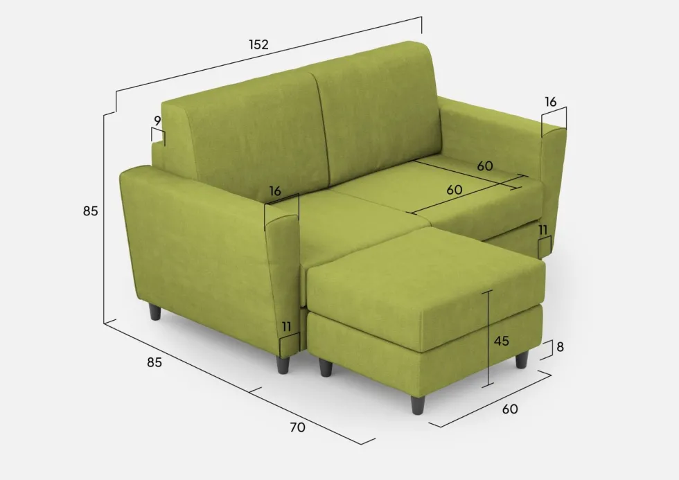 Divano 152x85cm design a due posti piccolo con pouf e stoffa idrorepellente verde DI37
