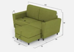 Divano 152x85cm design a due posti piccolo con pouf e stoffa idrorepellente verde DI37