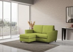 Divano 152x85cm design a due posti piccolo con pouf e stoffa idrorepellente verde DI37