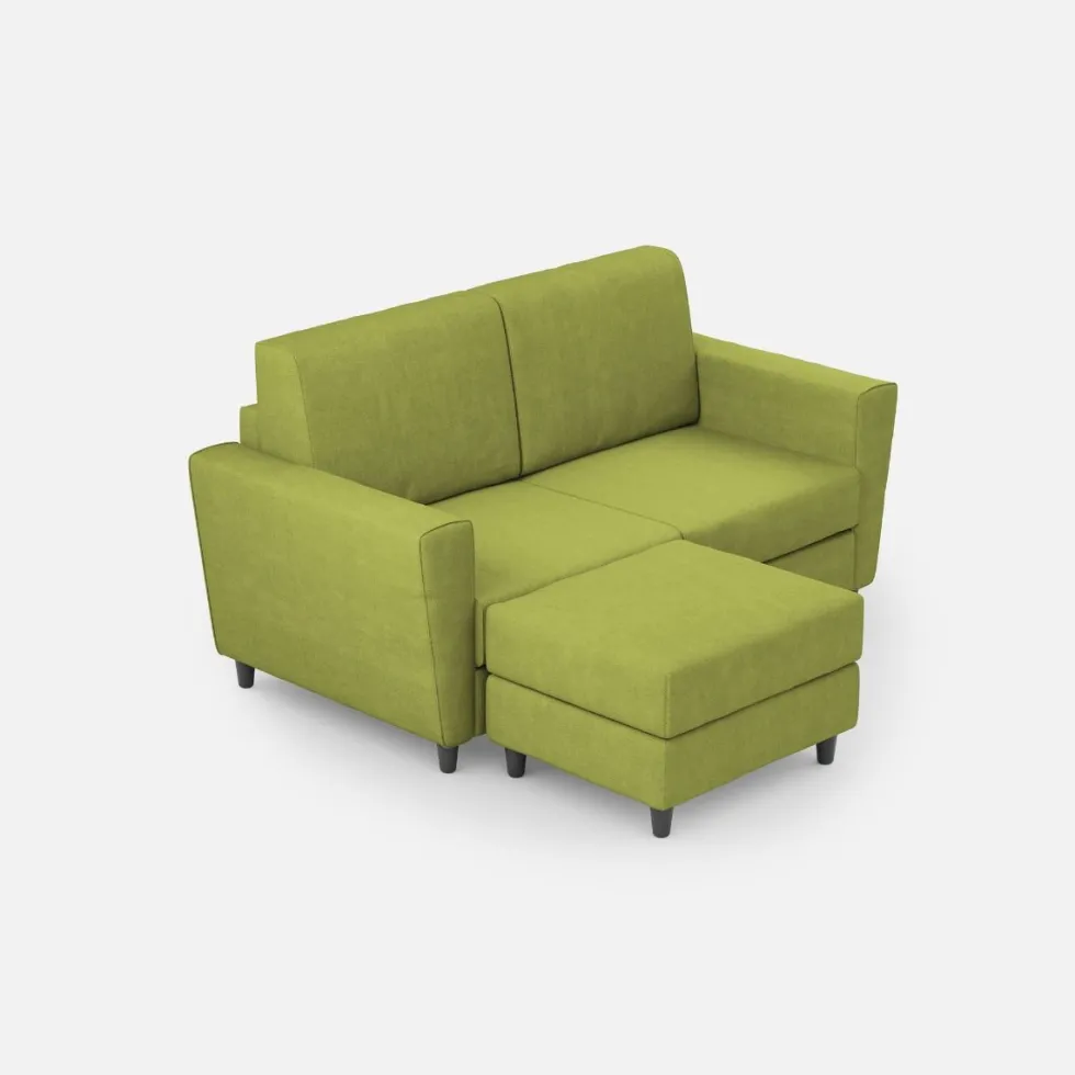 Divano 152x85cm design a due posti piccolo con pouf e stoffa idrorepellente verde DI37
