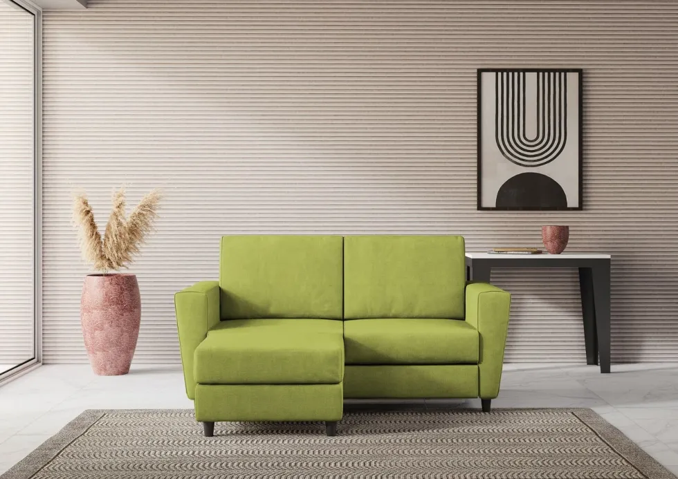 Divano 152x85cm design a due posti piccolo con pouf e stoffa idrorepellente verde DI37