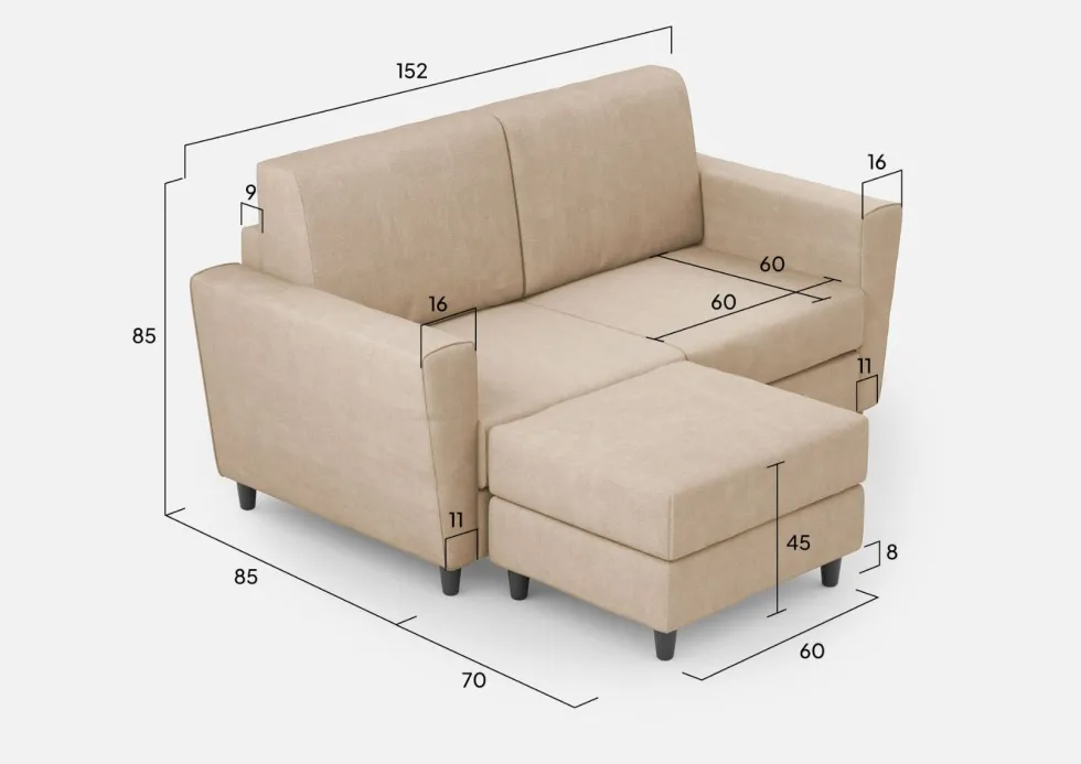 Divano 152x85cm design a due posti piccolo con pouf e stoffa idrorepellente beige DI37