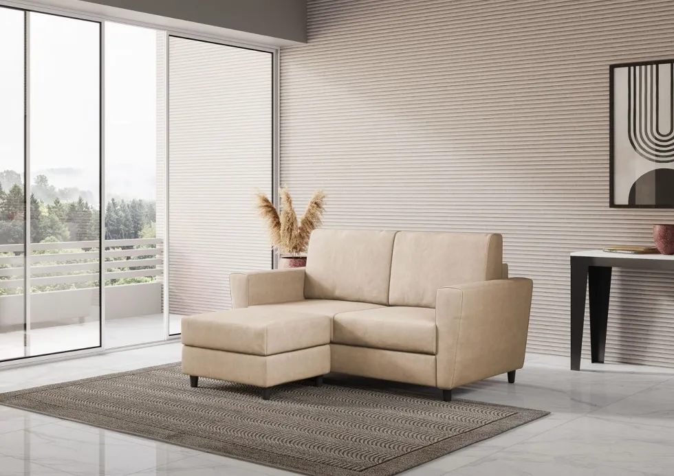 Divano 152x85cm design a due posti piccolo con pouf e stoffa idrorepellente beige DI37