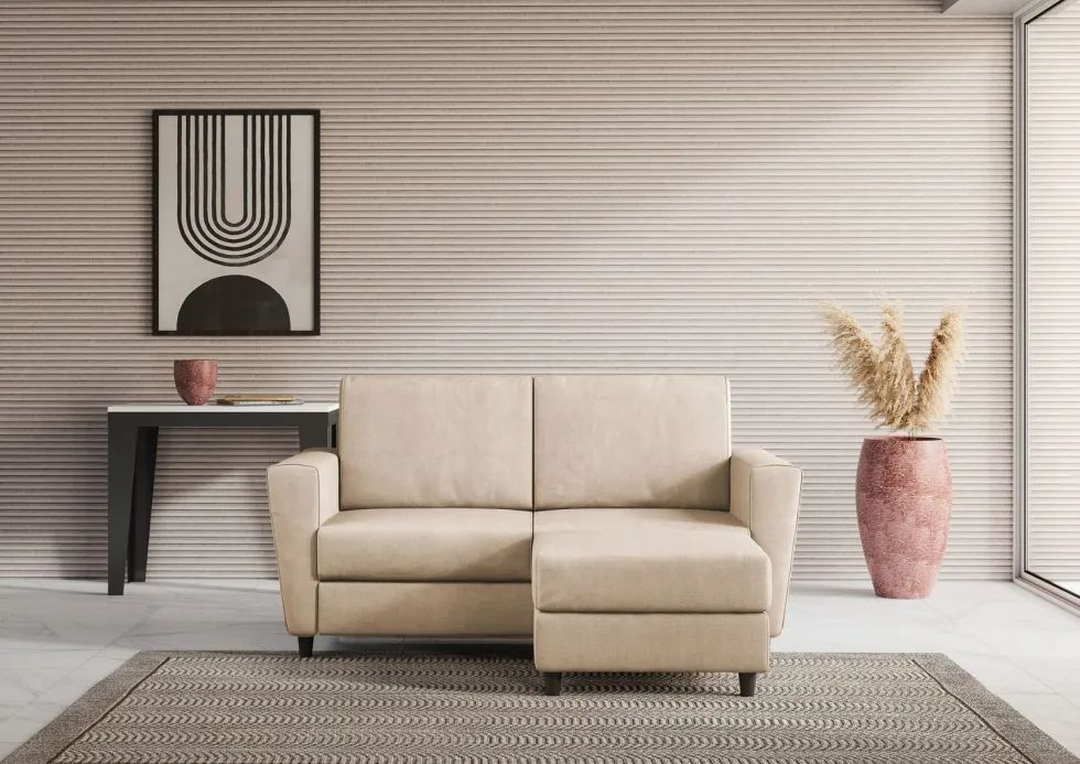 Divano 152x85cm design a due posti piccolo con pouf e stoffa idrorepellente beige DI37