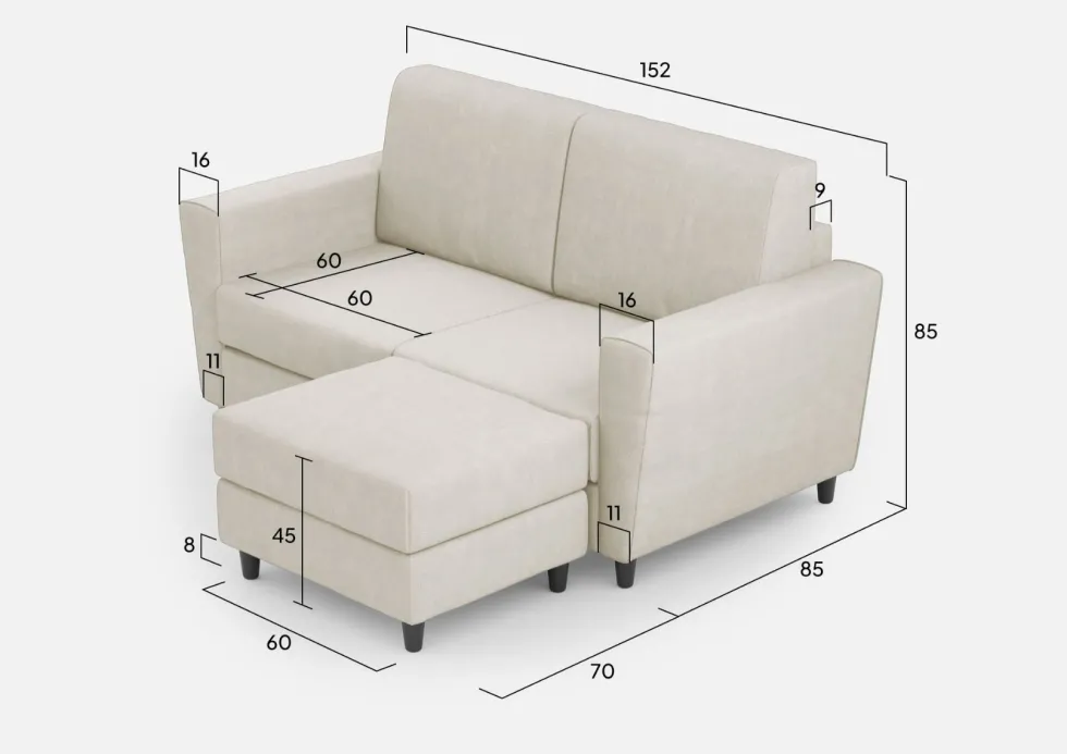 Divano 152x85cm design a due posti piccolo con pouf e stoffa idrorepellente bianco latte DI37