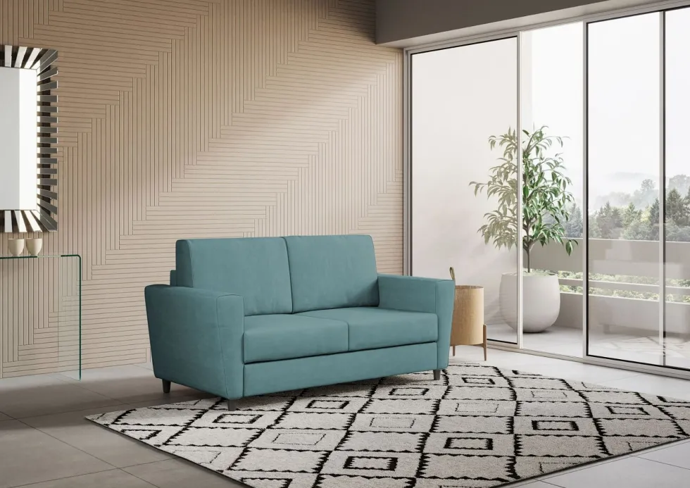 Divano 152x85cm design a due posti piccolo con stoffa idrorepellente blu petrolio DI34