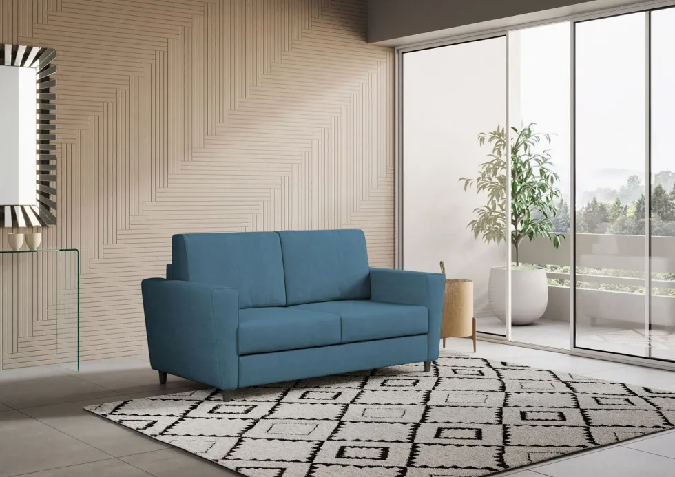 Divano 152x85cm design a due posti piccolo con stoffa idrorepellente blu avio DI34