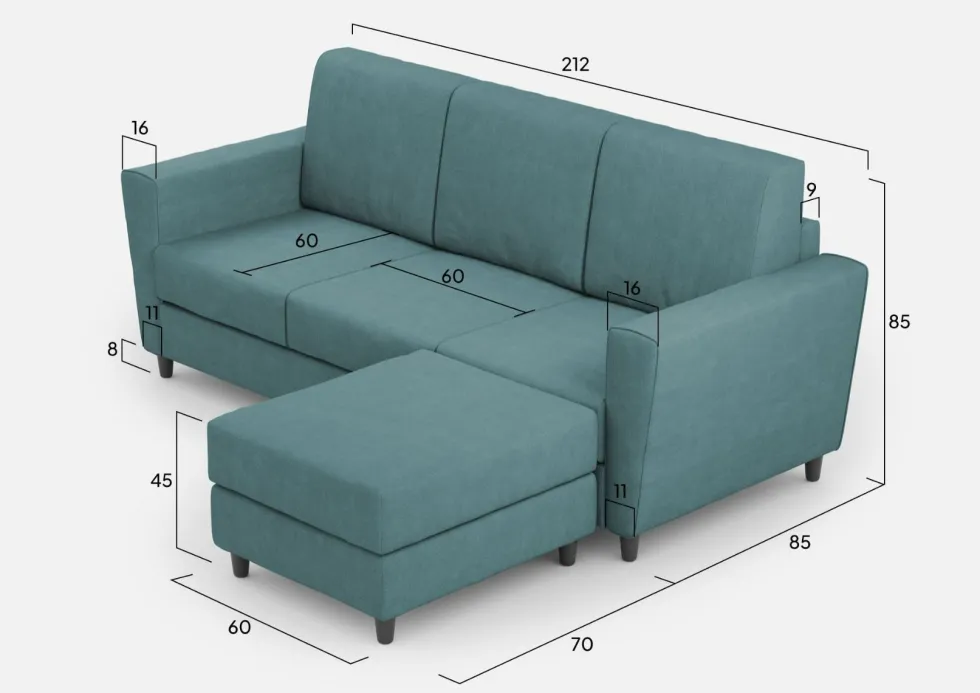 Divano 212x85cm design a tre posti con piedini in legno e pouf idrorepellente blu petrolio DI39