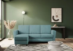 Divano 212x85cm design a tre posti con piedini in legno e pouf idrorepellente blu petrolio DI39