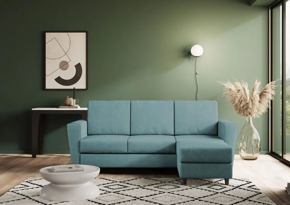 Divano 212x85cm design a tre posti con piedini in legno e pouf idrorepellente blu petrolio DI39