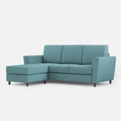 Divano 212x85cm design a tre posti con piedini in legno e pouf idrorepellente blu petrolio DI39