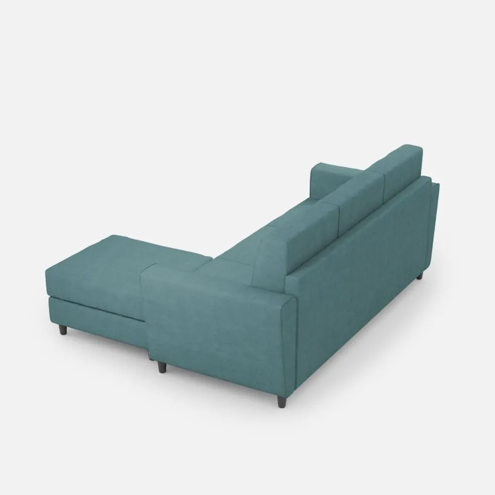 Divano 212x85cm design a tre posti con piedini in legno e pouf idrorepellente blu petrolio DI39