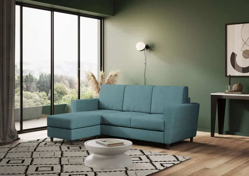 Divano 212x85cm design a tre posti con piedini in legno e pouf idrorepellente blu petrolio DI39