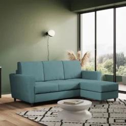 Divano 212x85cm design a tre posti con piedini in legno e pouf idrorepellente blu petrolio DI39