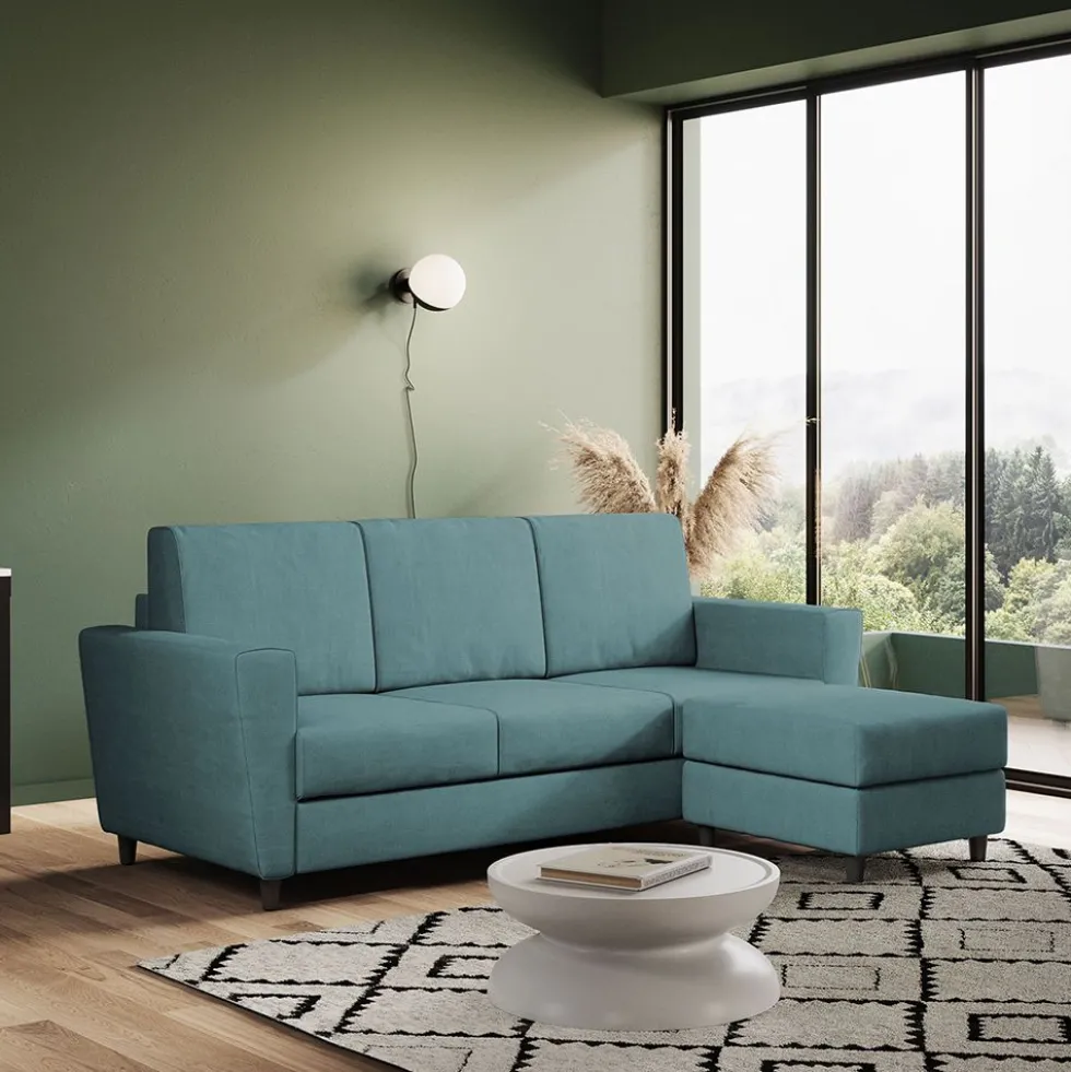 Divano 212x85cm design a tre posti con piedini in legno e pouf idrorepellente blu petrolio DI39