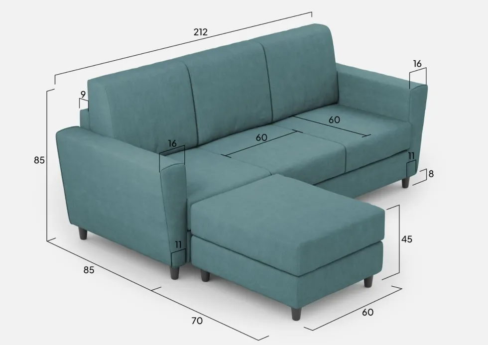 Divano 212x85cm design a tre posti con piedini in legno e pouf idrorepellente blu petrolio DI39