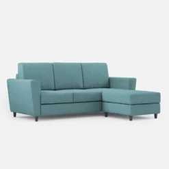 Divano 212x85cm design a tre posti con piedini in legno e pouf idrorepellente blu petrolio DI39