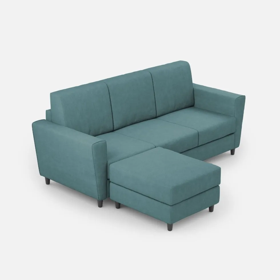 Divano 212x85cm design a tre posti con piedini in legno e pouf idrorepellente blu petrolio DI39