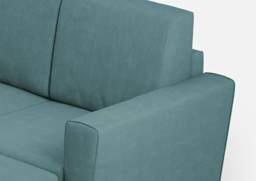 Divano 212x85cm design a tre posti con piedini in legno e pouf idrorepellente blu petrolio DI39