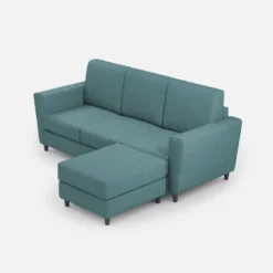 Divano 212x85cm design a tre posti con piedini in legno e pouf idrorepellente blu petrolio DI39