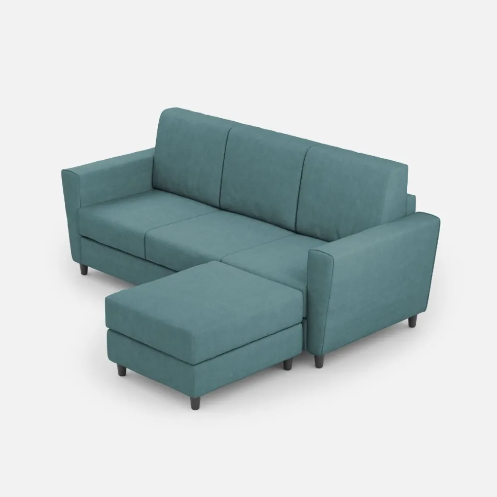 Divano 212x85cm design a tre posti con piedini in legno e pouf idrorepellente blu petrolio DI39