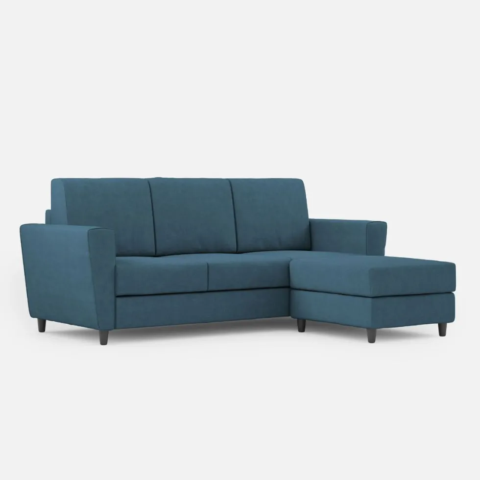 Divano 212x85cm design a tre posti con piedini in legno e pouf idrorepellente blu avio DI39