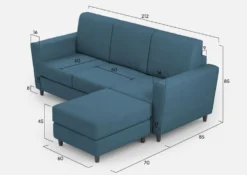 Divano 212x85cm design a tre posti con piedini in legno e pouf idrorepellente blu avio DI39
