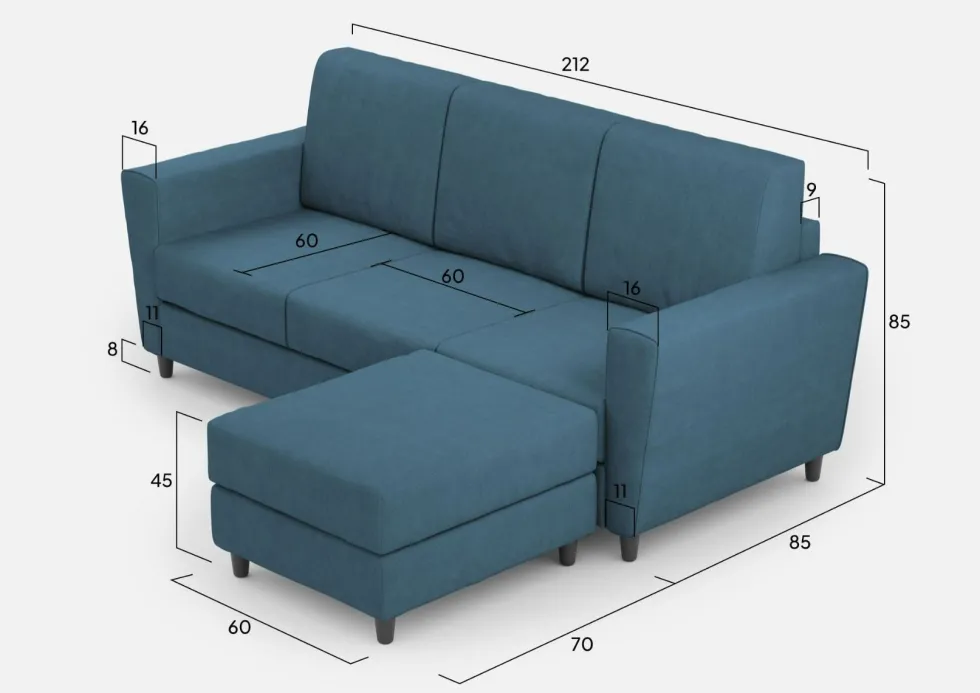 Divano 212x85cm design a tre posti con piedini in legno e pouf idrorepellente blu avio DI39
