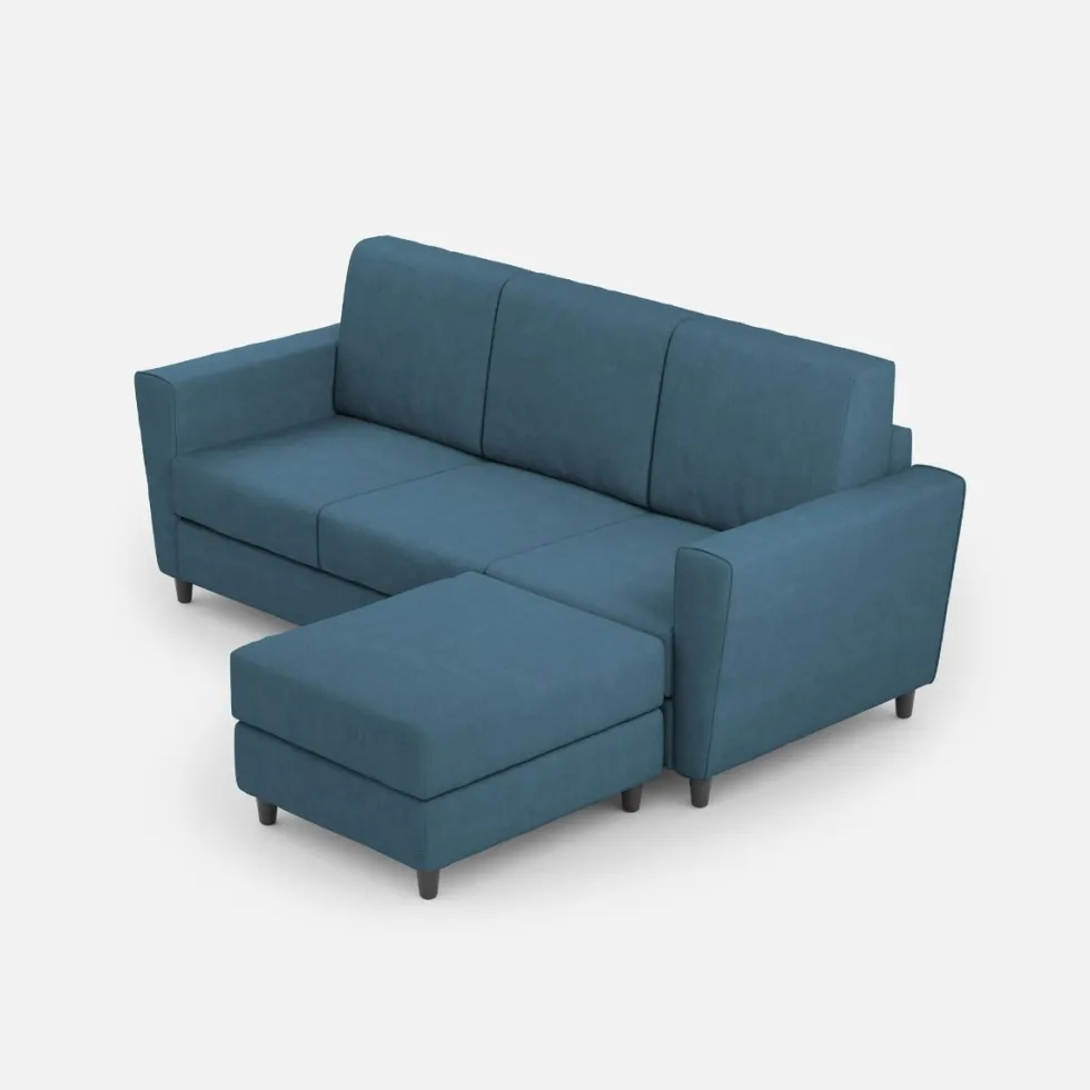 Divano 212x85cm design a tre posti con piedini in legno e pouf idrorepellente blu avio DI39