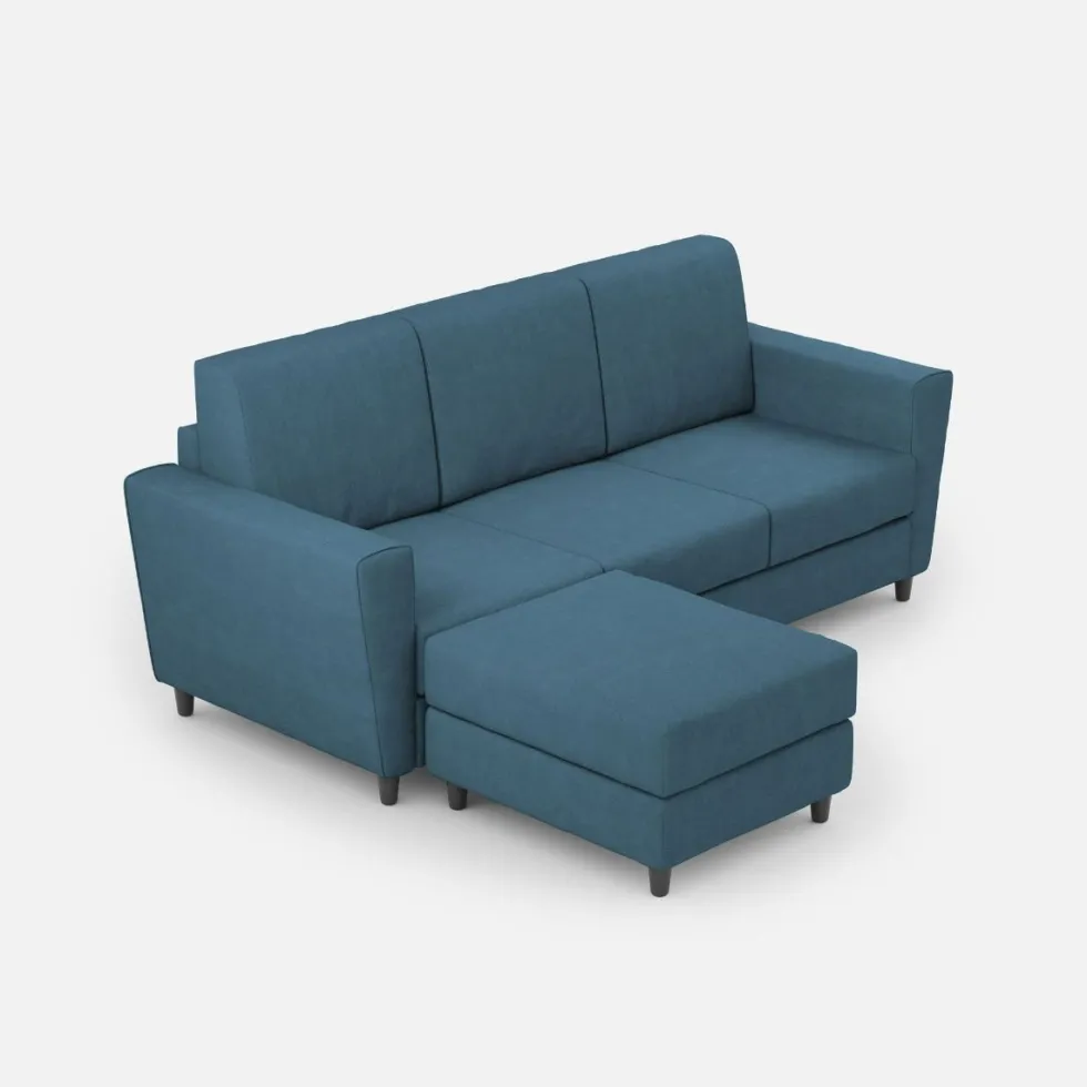 Divano 212x85cm design a tre posti con piedini in legno e pouf idrorepellente blu avio DI39