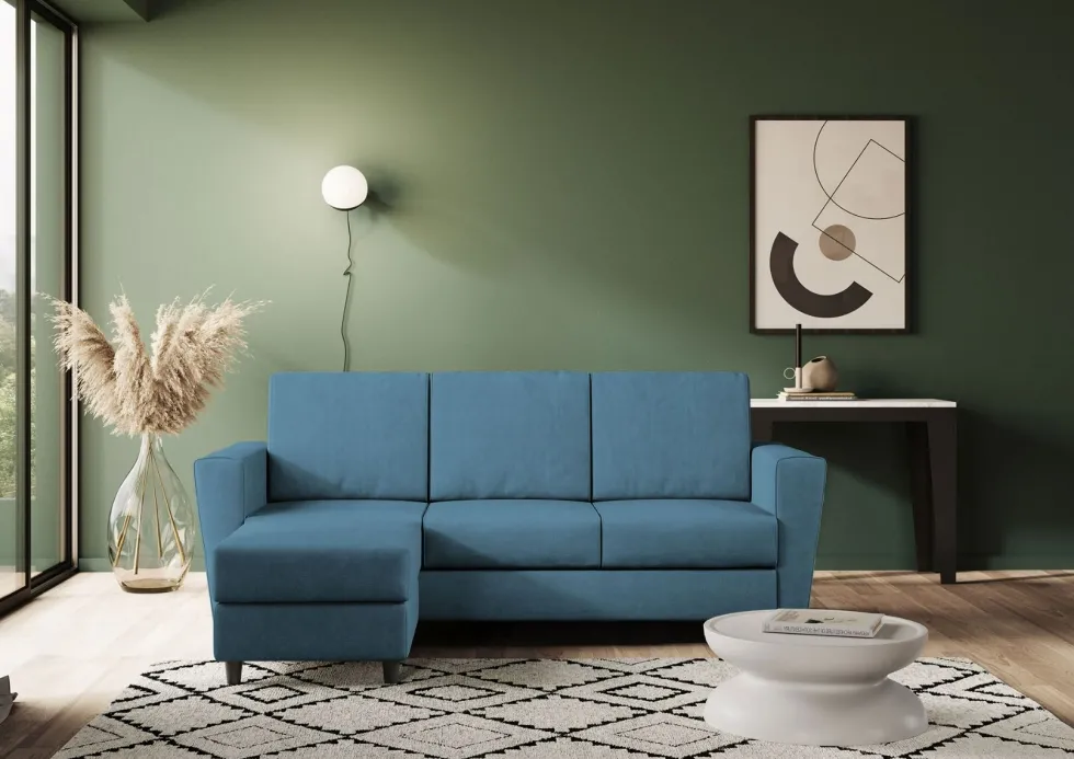 Divano 212x85cm design a tre posti con piedini in legno e pouf idrorepellente blu avio DI39