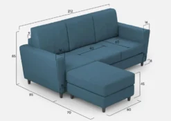 Divano 212x85cm design a tre posti con piedini in legno e pouf idrorepellente blu avio DI39