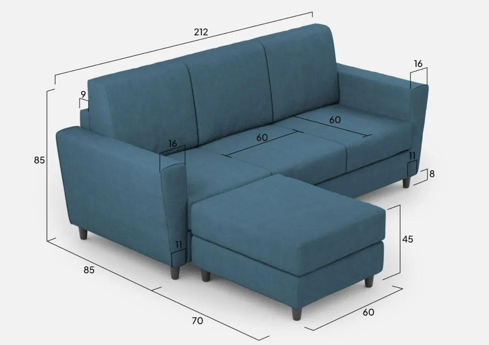 Divano 212x85cm design a tre posti con piedini in legno e pouf idrorepellente blu avio DI39